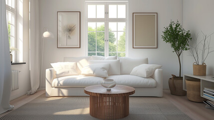Fototapeta na wymiar Minimalist Scandinavian Living Room Design with White Sofa and Wooden Details