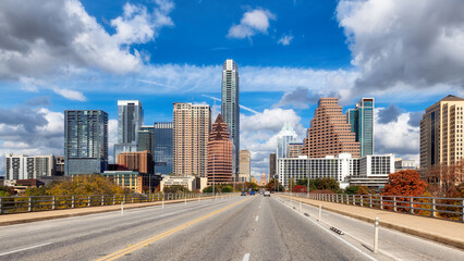 Fototapeta na wymiar Panoramic view of Austin Downtown Skyline in sunny day in Austin, Texas, USA 