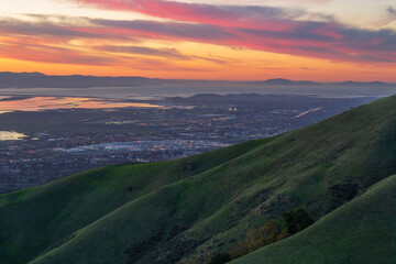 Winter Silicon Valley views in the magic hour. Mission Peak Regional Preserve, Alameda County,...