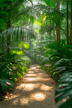 A vertical photo in a botanical garden, capturing the height of trees and plants. Concept of garden photography designed for vertical mobile viewing. Generative Ai.