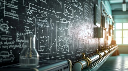 Concept of new battery, design drawn on a blackboard , detailed math concept,