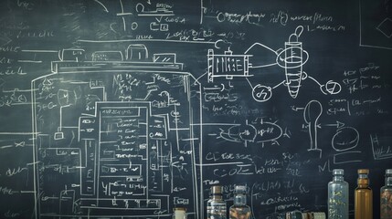 Concept of new battery, design drawn on a blackboard , detailed math concept,
