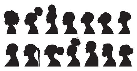 collection of silhouettes African people looking sideways, vector silhouettes exotic African women. silhouette people