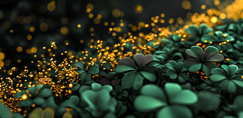 St. patrick's day abstract gold background. Beautiful shiny design with gold green clover leaves, bokeh effect. St Patrick's day	