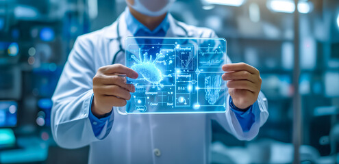 Medical technology. Doctor and robotics research diagnose virtual human organs on modern interface screen on laboratory. Innovation medical healthcare