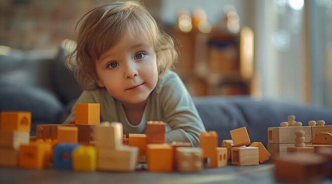 Cute little boy playing with wooden blocks at home in the living room