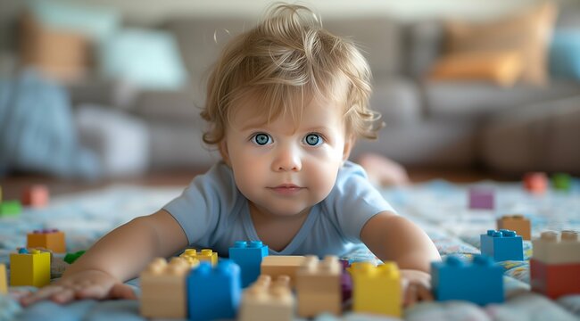Cute baby boy playing with colorful blocks at home. Early development concept