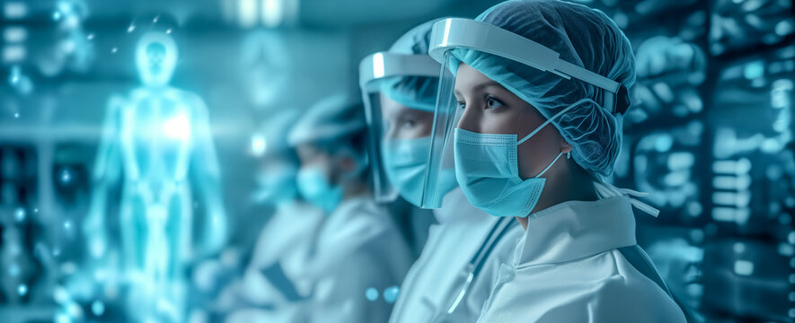 Healthcare, doctors and body holograms for health and hospital insurance. Surgeon and human body hologram, anatomy and ai technology. innovation and development