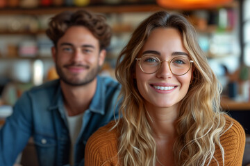 Portrait of smiling couple looking at camera in coffee shop. Focus on girl in glasses. Starting New Coffee Shop Or Restaurant Business Standing