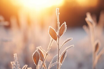 Winter forest with frosted plants at sunrise, featuring a beautiful nature background. Macro shot with shallow depth of field. Generative AI