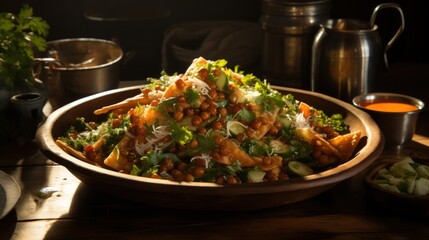 Samosa Chaat with Tamarind Chutney. Best For Banner, Flyer, and Poster - obrazy, fototapety, plakaty