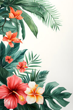 A vibrant illustration of red hibiscus, orange plumeria, and various green tropical leaves set against a pure white backdrop