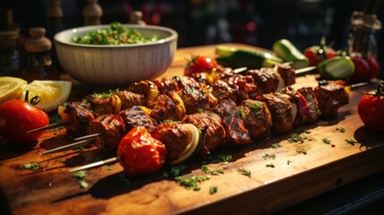 Souvlaki Skewers with Tzatzik. Best For Banner, Flyer, and Poster - obrazy, fototapety, plakaty