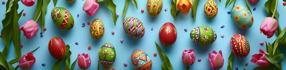 Foto op Canvas An aerial perspective of meticulously crafted Easter eggs, adorned with vibrant colors and designs, lying amidst a field of tulips on a serene blue surface. © SardarMuhammad