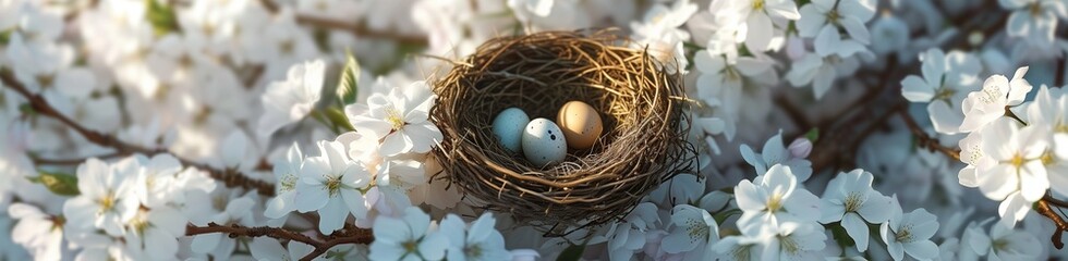 An aerial perspective showcasing a bird's nest with eggs, nestled among the lush, white blossoms of a cherry tree, with gentle morning light casting a warm glow.