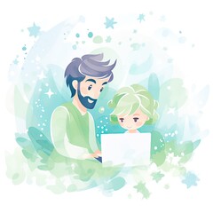 Illustration of dad and child with laptop. Distance learning for children, online courses, IT technology training. Dad plays with his child at the computer. Dad teaches the child. Family learning.