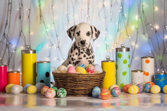 An elegant Dalmatian puppy surrounded by cans of paint in primary colors and a wicker basket filled with decorated Easter eggs, all set on a sleek, white surface