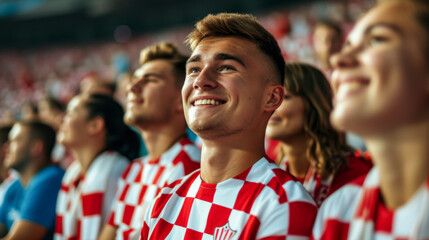 Croatian football soccer fans in a stadium supporting the national team, Kockasti
