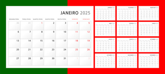 Calendar 2025 in Portuguese. Wall quarterly calendar for 2025 in a classic minimalist style. Week starts on Monday. Set of 12 months. Corporate Planner Template. A4 format horizontal. Vector graphics
