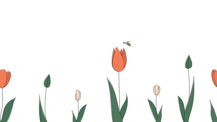 Seamless border of tulips hand drawn in simplified children cartoon naive style on white background.Cute bee flying over flower.For design of website or shop for spring or summer.Vector illustration