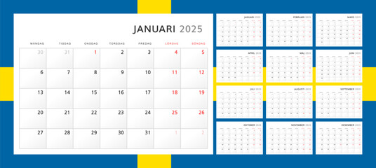 Calendar 2025 in Swedish. Wall quarterly calendar for 2025 in classic minimalist style. Week starts on Monday. Set of 12 months. Corporate Planner Template. A4 format horizontal. Vector graphics