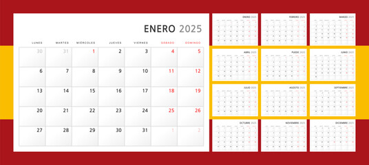 Calendar 2025 in Spanish. Wall quarterly calendar for 2025 in a classic minimalist style. Week starts on Monday. Set of 12 months. Corporate Planner Template. A4 format horizontal. Vector graphics