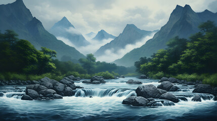 river and mountain views. Mountain river flows along the beautiful landscape	
