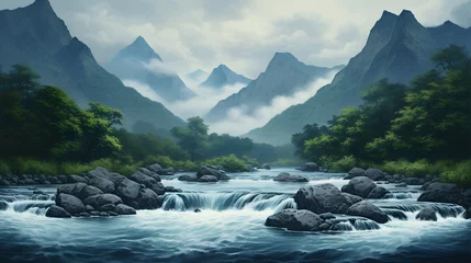 Poster river and mountain views. Mountain river flows along the beautiful landscape   © muhammad