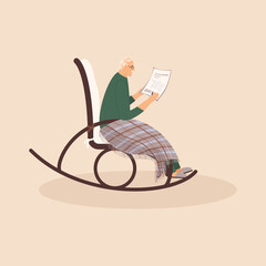 Elderly cute man is sitting in a rocking chair.Old male covered his feet with checked woollen plaid.Cartoon grandpa solve a crossword puzzle in a comfortable rocker.Vector flat illustration