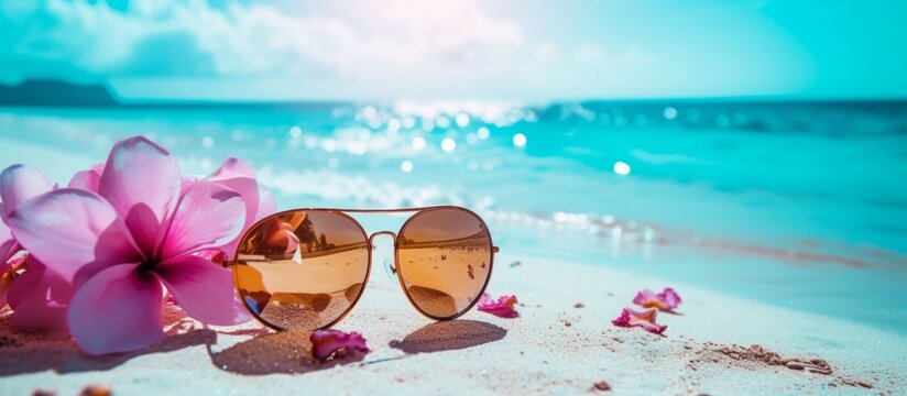 Relaxing beach image featuring sunglasses on white sand, flanked by pink plumeria flowers, against a backdrop of turquoise sea and sky, ample copyspace above and to the right.