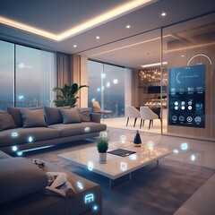 Cutting-edge smart home technology is on display in a stylish living room overlooking an urban sunset horizon.