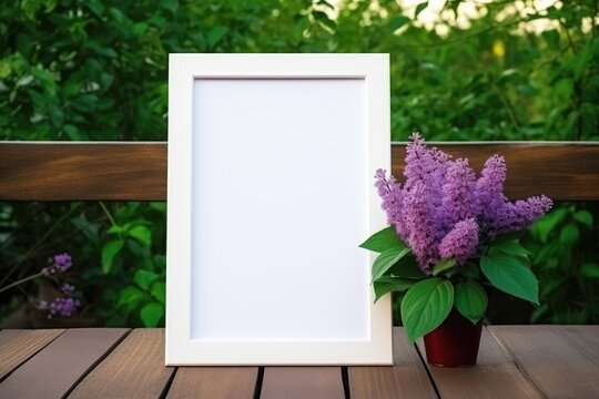 Mock-up of a beautiful decorative white frame with aromatic purple flowers outdoors with copy space. Valentine's day, Mother's day, Women's Day , Wedding and love concept