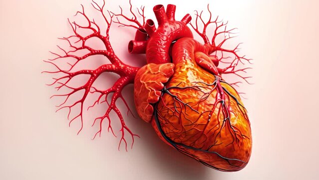Realistic heart organ.Beating human heart, 3d realistic, anatomically correct heart with vascular system, 3d animation of a beating human heart. Anatomy Human Heart Beating 4k videos background blood 