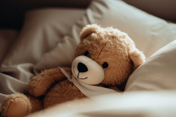 Unwell teddy bear resting in bed. Generative AI