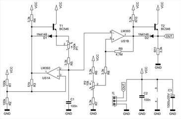 Schematic diagram of electronic device.
Vector drawing electrical circuit with capacitor, diode,
transistor, resistor, operational amplifier, 
connector, other electronic components.