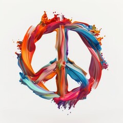 Colorful volumetric brush strokes floating in the air in a shape of peace sign, 3D style, isolated on white background 