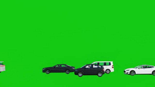 Multicolor Cars with Driver are Moving on Green Screen 3d Animation
