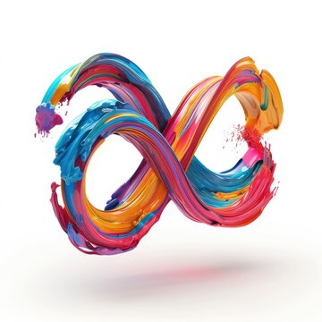 Colorful volumetric brush strokes floating in the air in a shape of infinity sign, 3D style, isolated on white background 