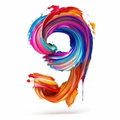 Colorful volumetric brush strokes floating in the air in a shape of number 9, 3D style, isolated on white background