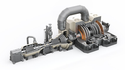Model of steam turbine in section on white background. Axle with impellers. High pressure turbine for power plants generator. 3d illustration