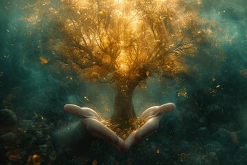 A serene hand reaches towards a vibrant coral reef, symbolizing the connection between humans and the underwater world through the peaceful act of swimming