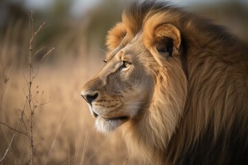 a magnificent lion gazes over its territory, its flowing mane shining in the wind, radiating power and elegance amidst the expansive African grassland. Generative AI