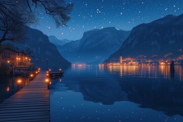 Obraz premium Night in the mountains overlooking a mountain lake in which the stars, a pier and houses with orange warm light are reflected from the windows in the distance