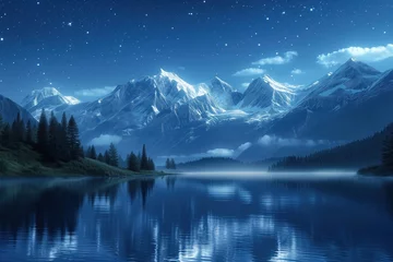 Garden poster Reflection Starry night in the mountains overlooking a mountain lake in which the mountains and pine trees growing on the shore are reflected