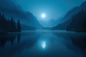Night in the mountains overlooking a mountain lake in which the moon and pine trees growing on the...