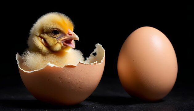 New Hatched Baby Chicken Out Of An Egg Shell, Isolated On Black Background Created With Generative Ai