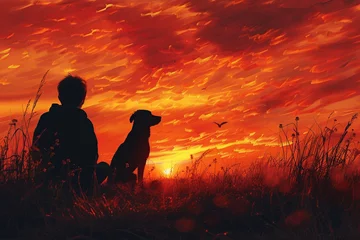 Crédence de cuisine en verre imprimé Rouge Peaceful Sunset Companionship: Pet and Owner  