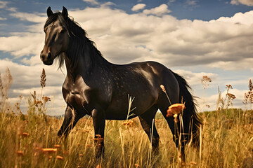 Obraz premium Portrait photography of a beautiful black horse animal standing in the wheat or dry grass field