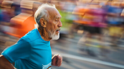 Side view photography of a senior old man with gray hair wearing a blue t shirt and running a marathon race event. Elderly male person competing in endurance running outdoors, sunny day exercise - Powered by Adobe