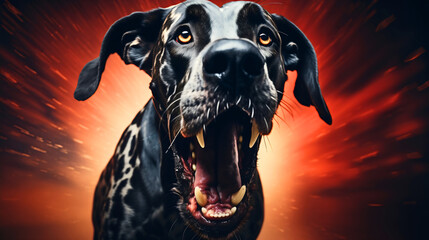 Closeup photography of a dangerous Great Dane mastiff sighthound dog breed barking. Angry and aggressive guard pet outdoors, protection and security, open mouth, big jaw teeth